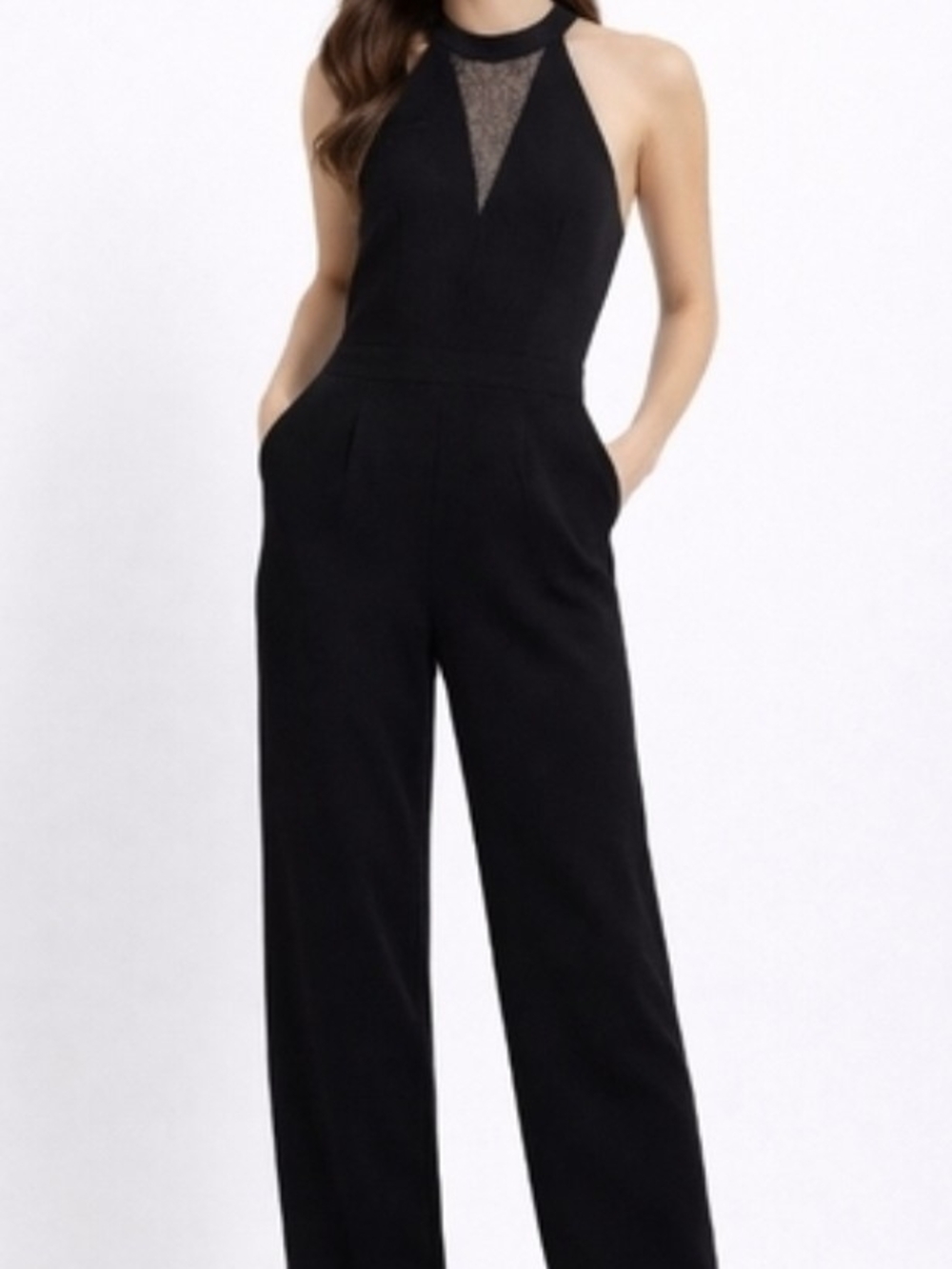 Sleek Black Halter Lace-Inset Wide-Leg Jumpsuit